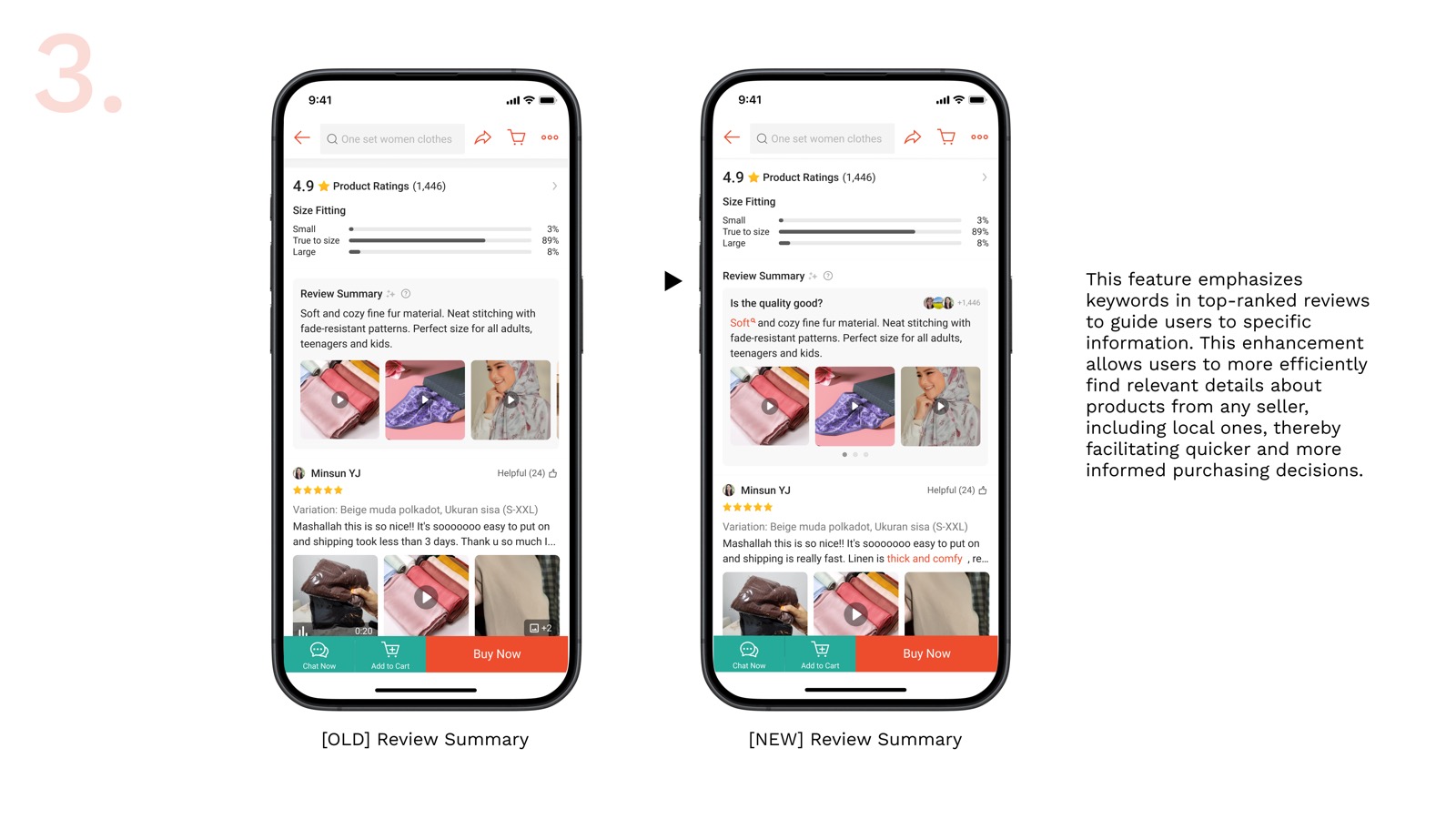 Review browsing strategy — old versus new review summary with highlighted keywords