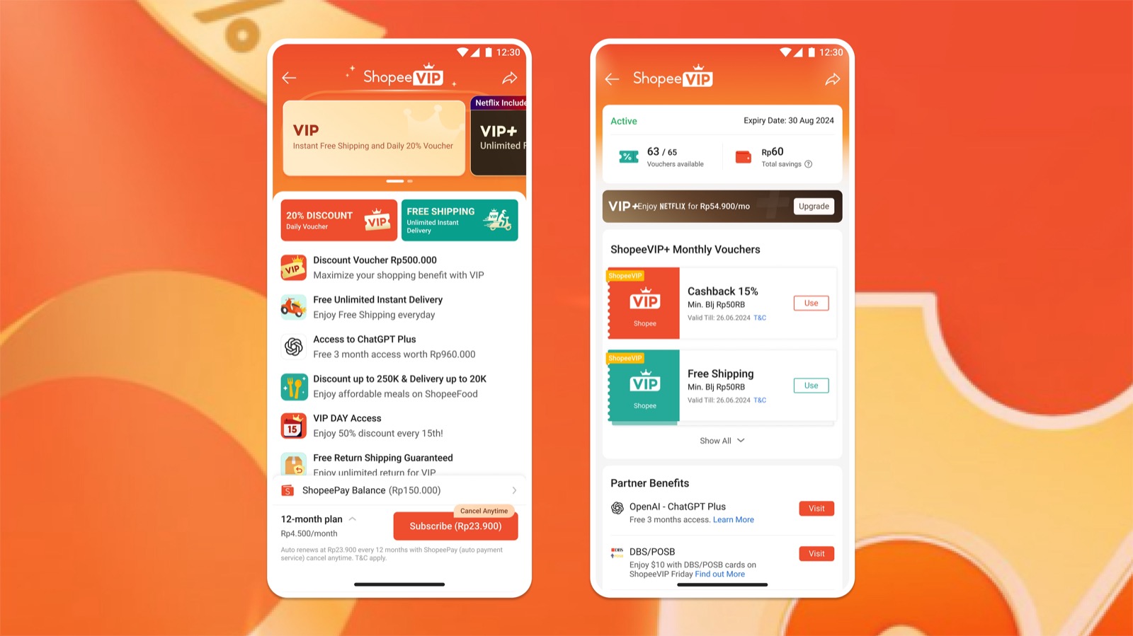 ShopeeVIP and ShopeeVIP+ app screens showing membership benefits and vouchers